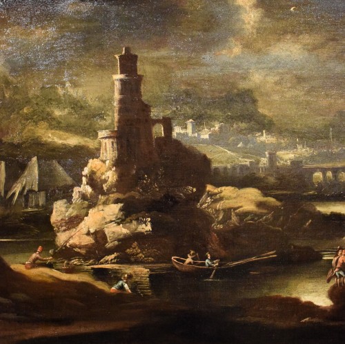 17th century - Night Landscape with Tower and Fortified Villages - Late 17th century